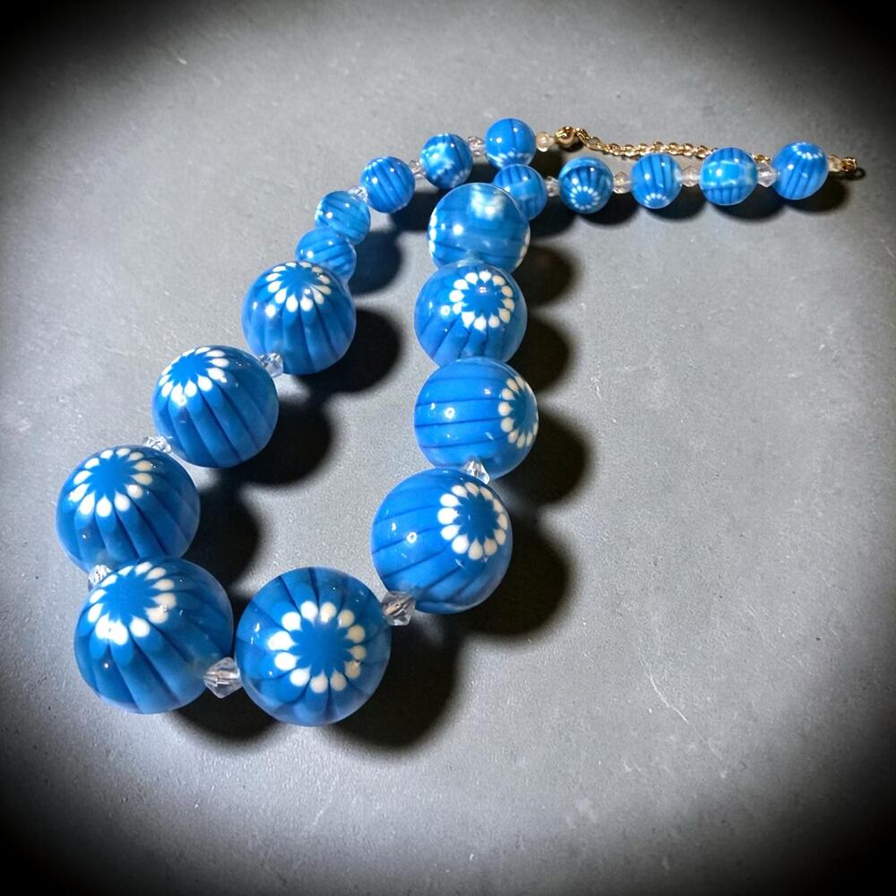 Vintage Blue Chunky Retro Acrylic/Lucite Necklace Milifori Type Boho Hippie 20” - Picture 2 of 6